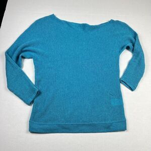 Minnie Rose Cashmere Sweater Blue Asymmetric Soft Minimalist Knit SMALL FLAW